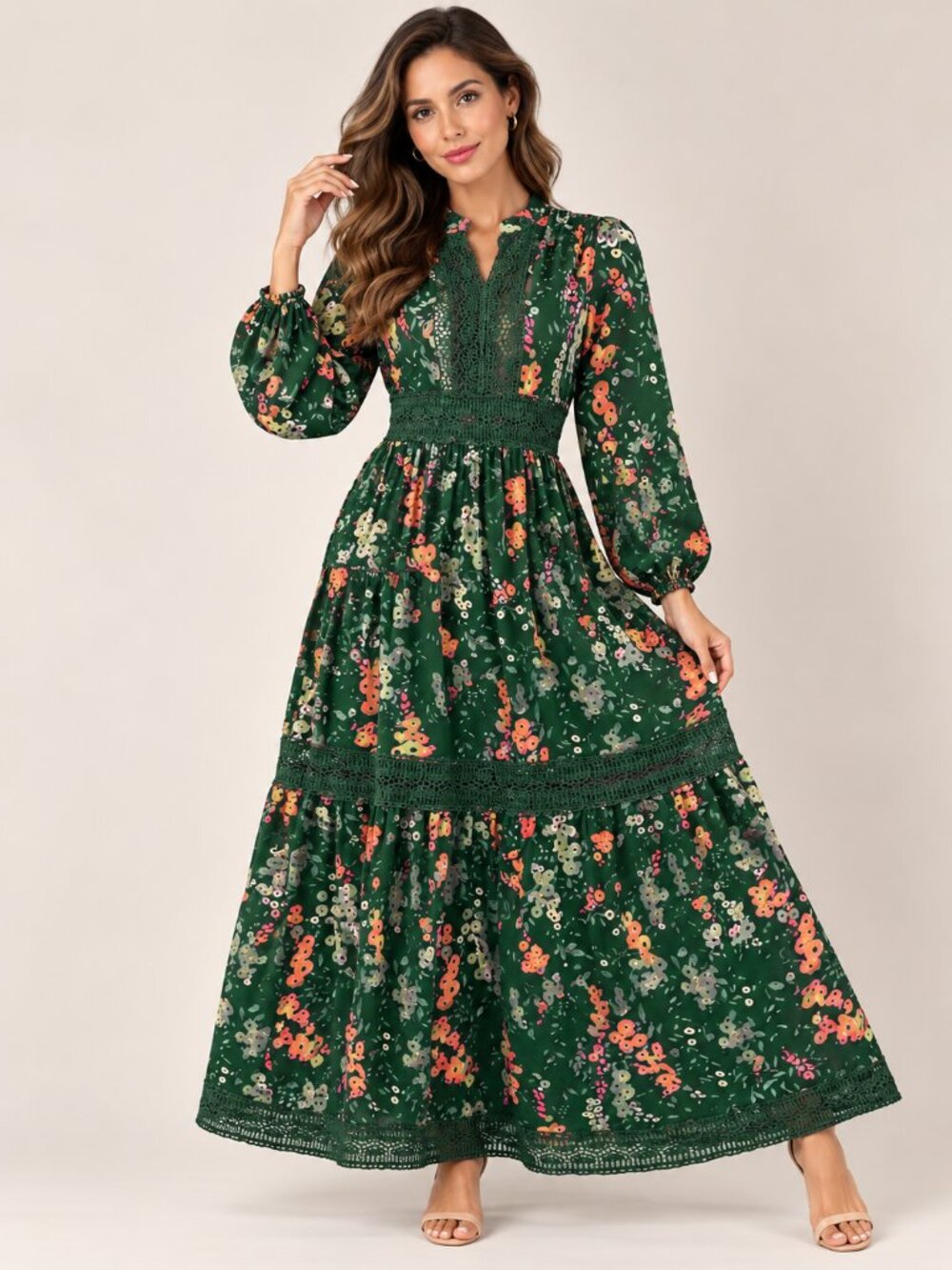 173- Green Floral Lace Trim Boho Maxi Dress Elegant Vacation Style